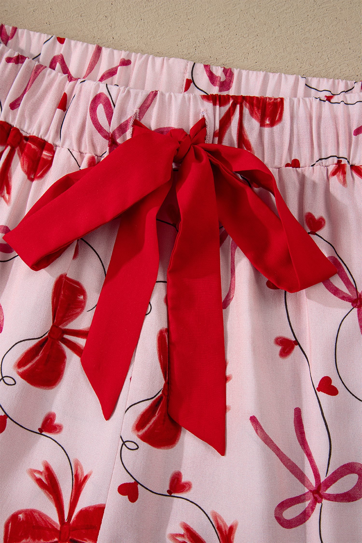 Red Bow Print Valentine Long Sleeve Shirt Shorts 2 Pcs Pajama Set