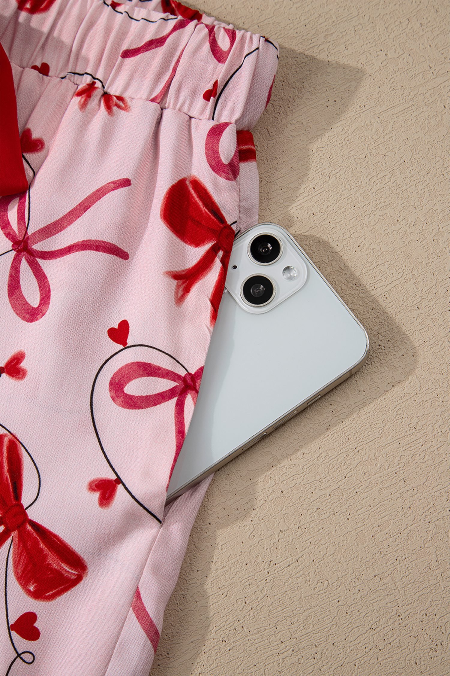 Red Bow Print Valentine Long Sleeve Shirt Shorts 2 Pcs Pajama Set