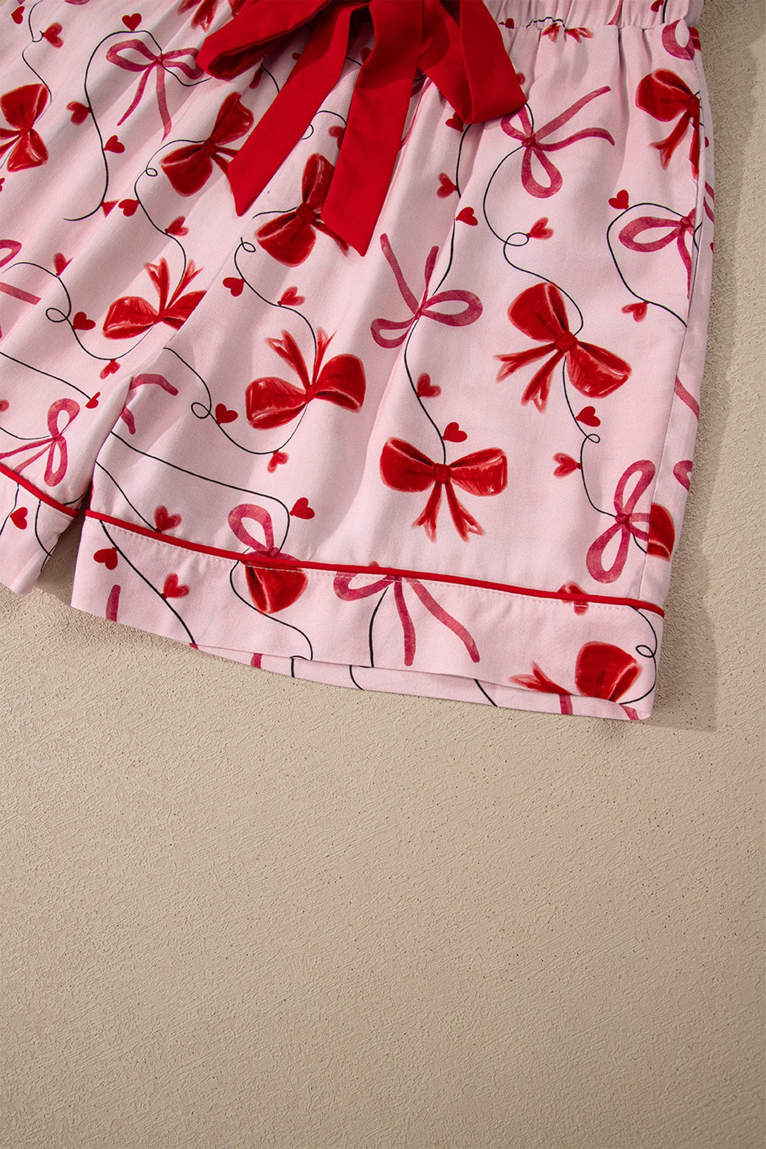 Red Bow Print Valentine Long Sleeve Shirt Shorts 2 Pcs Pajama Set