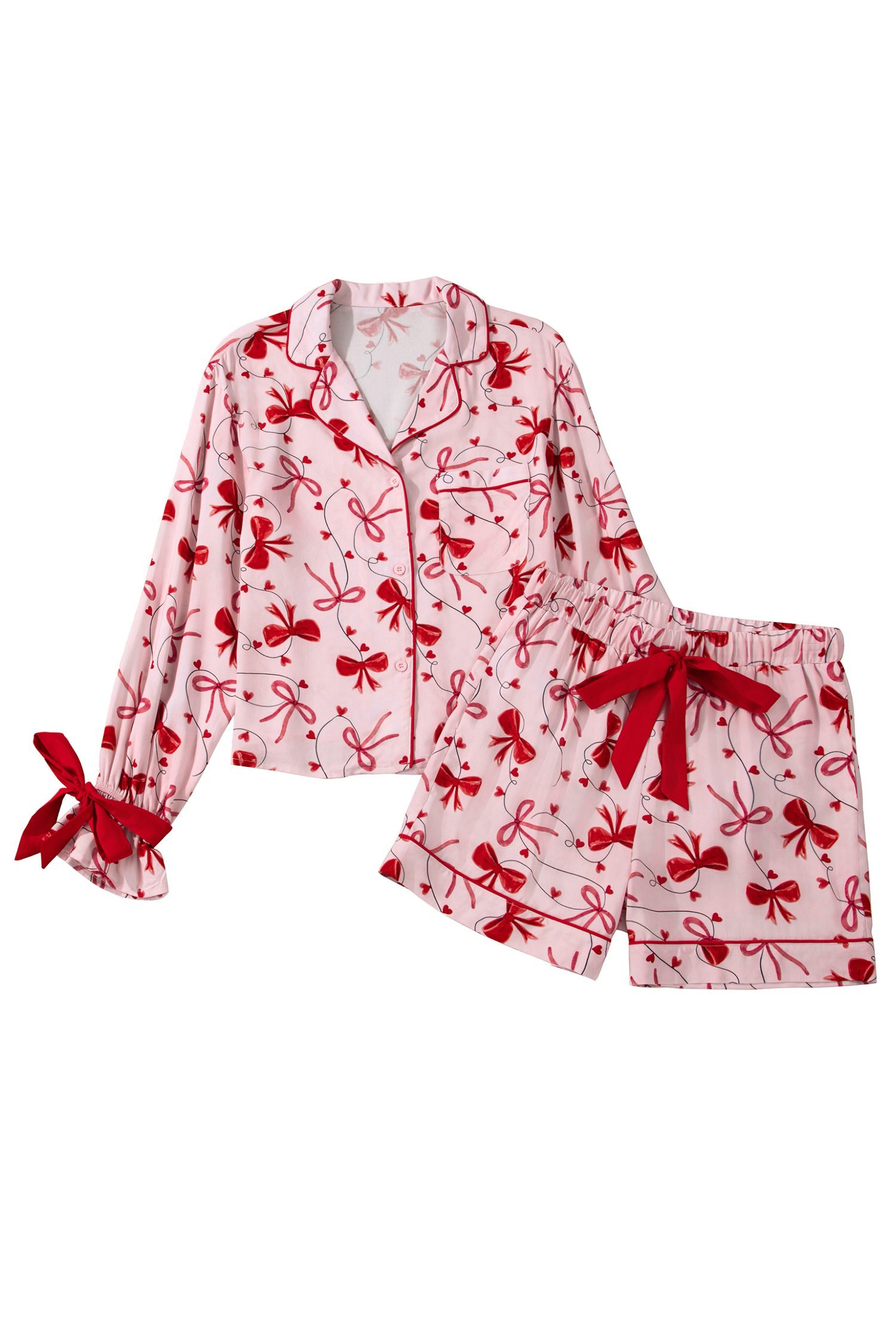 Red Bow Print Valentine Long Sleeve Shirt Shorts 2 Pcs Pajama Set