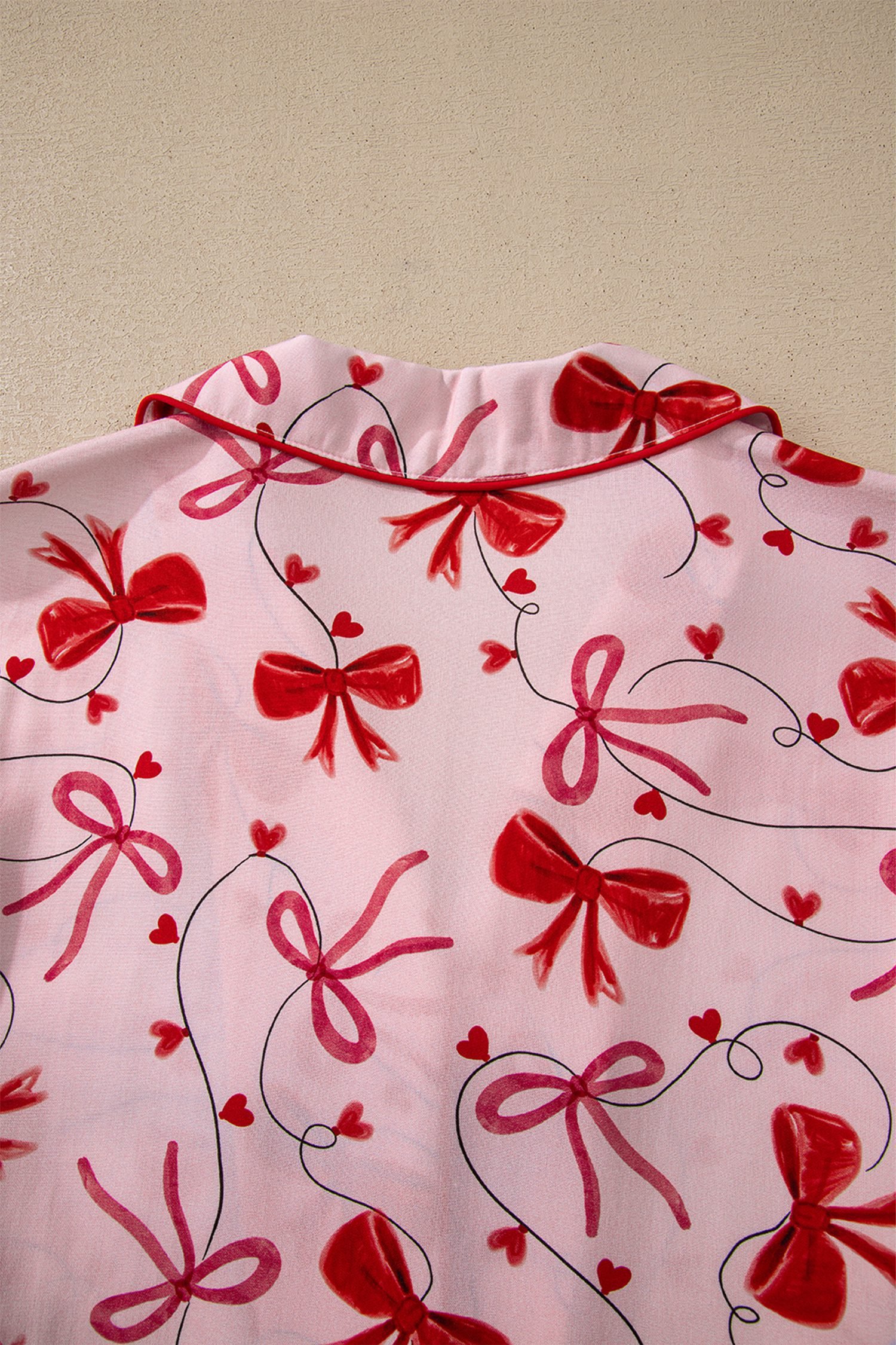 Red Bow Print Valentine Long Sleeve Shirt Shorts 2 Pcs Pajama Set