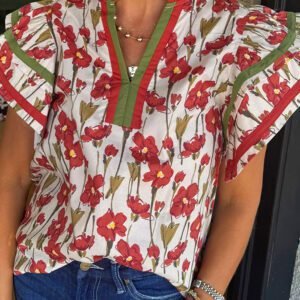Red Floral Print Contrast Trim V Neck Double Ruffled Short Sleeve Blouse