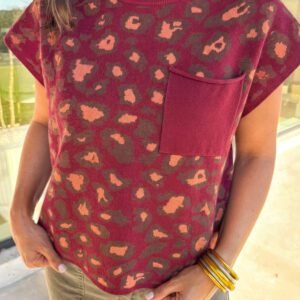 Red Leopard Print Cap Sleeve Knitted Top