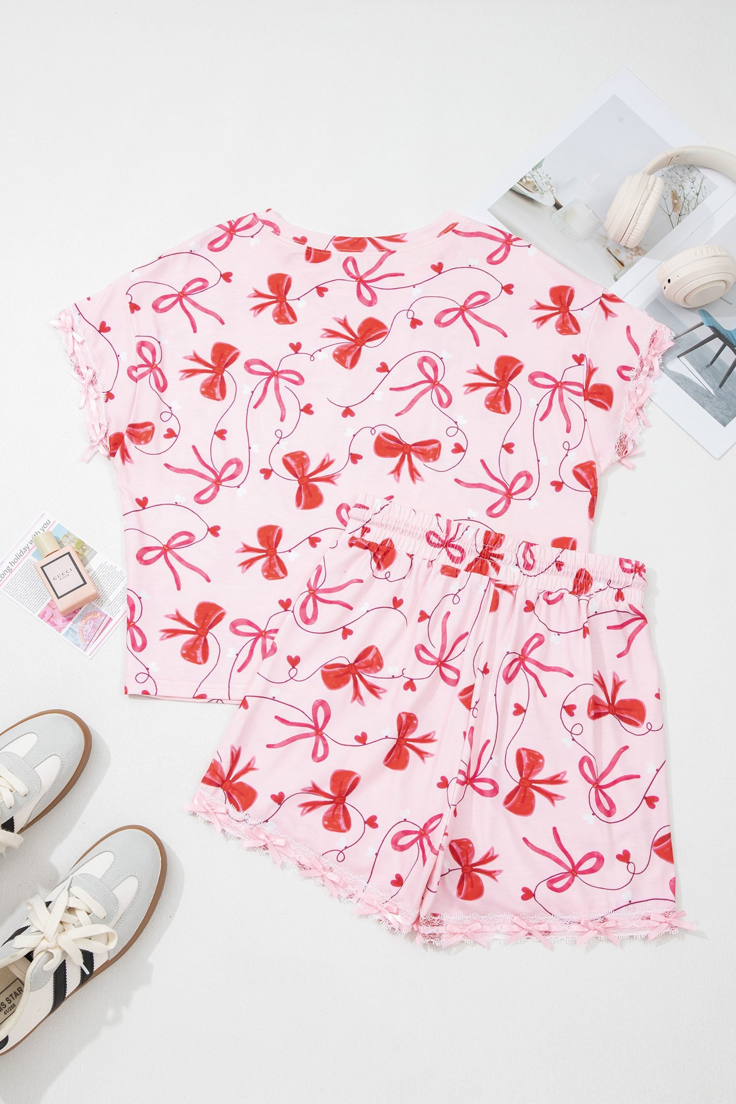 Red Romantic Bow Print Loose Tee Drawstring Shorts 2pcs Lounge Set