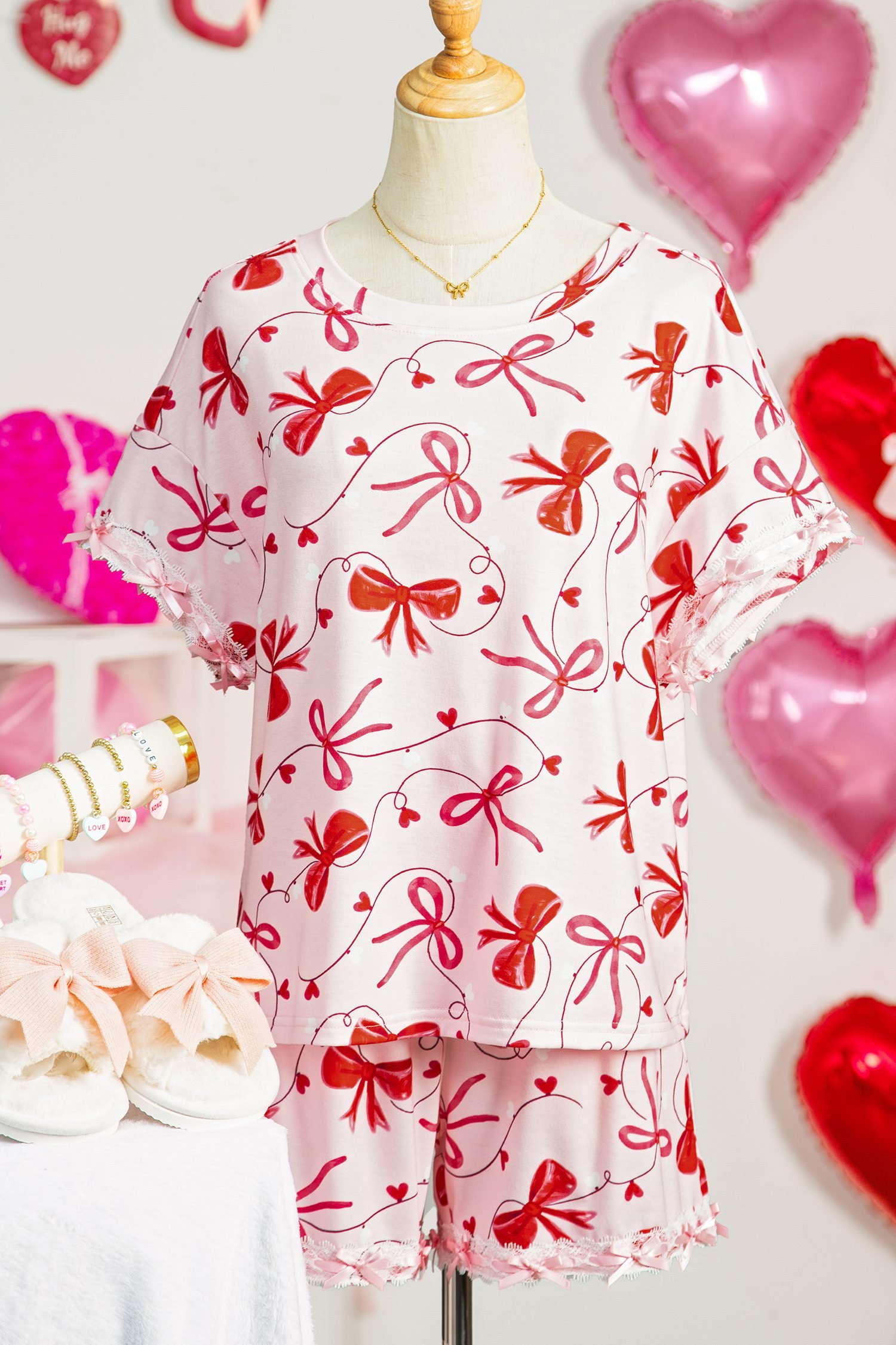 Red Romantic Bow Print Loose Tee Drawstring Shorts 2pcs Lounge Set