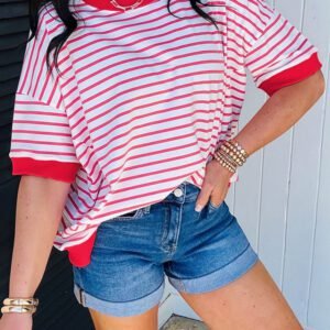 Red Stripe Drop Shoulder Half Sleeve T Shirt