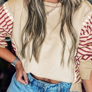 Red Stripe Sleeve Patchwork Casual Knit Top
