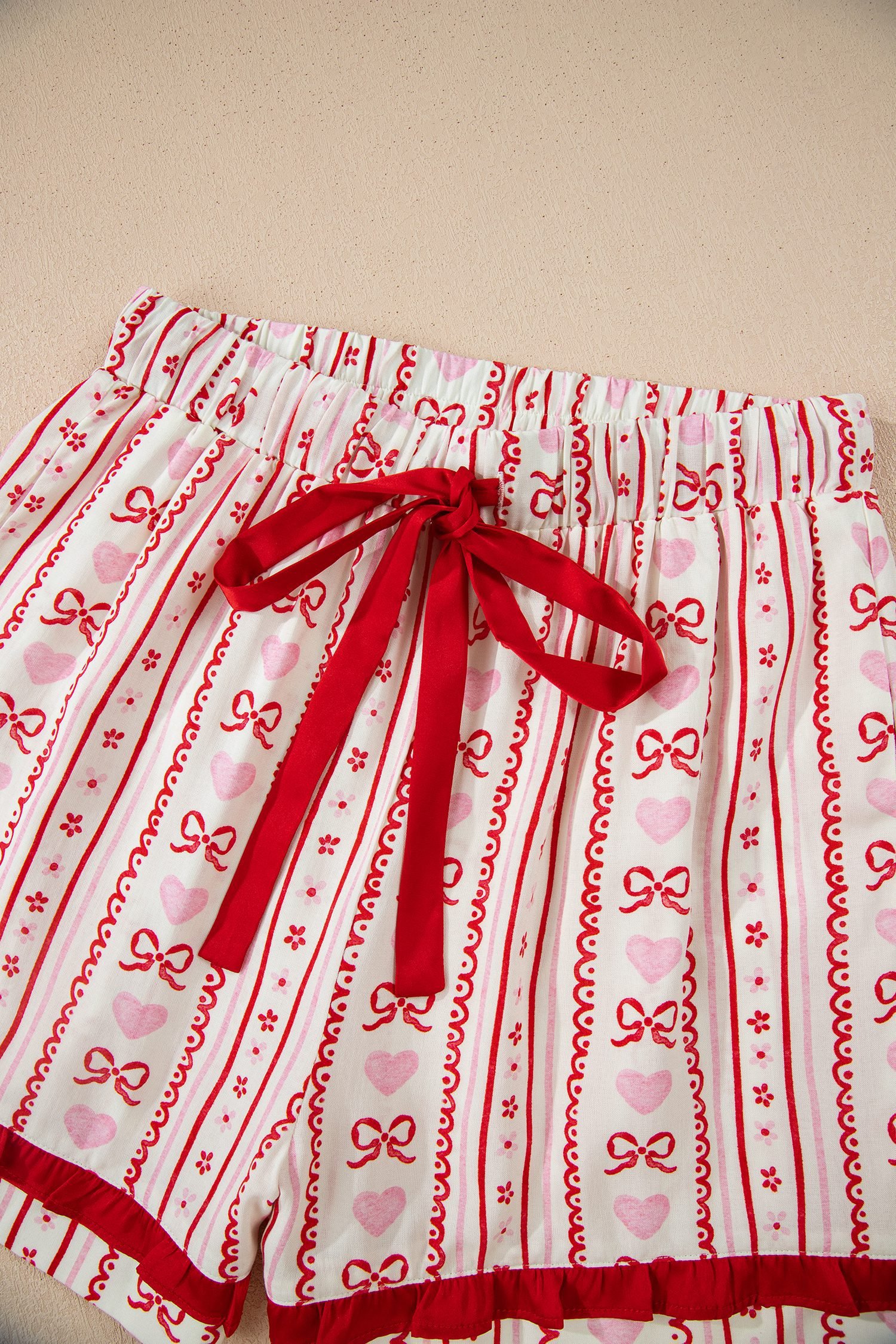 Red Sweet Floral Heart Bow Print Contrast Trim Long Sleeve Shirt Pajama Short Set