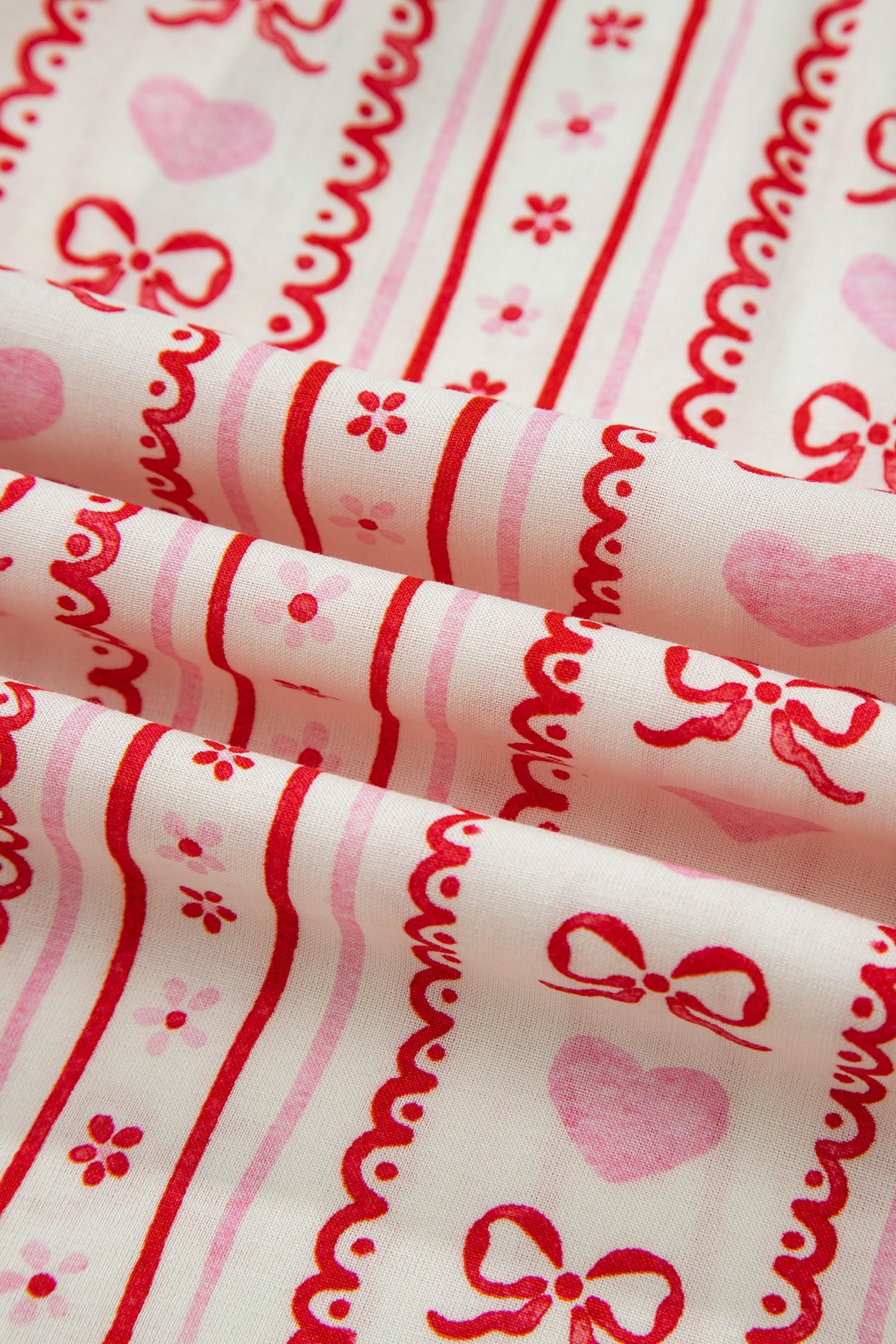 Red Sweet Floral Heart Bow Print Contrast Trim Long Sleeve Shirt Pajama Short Set