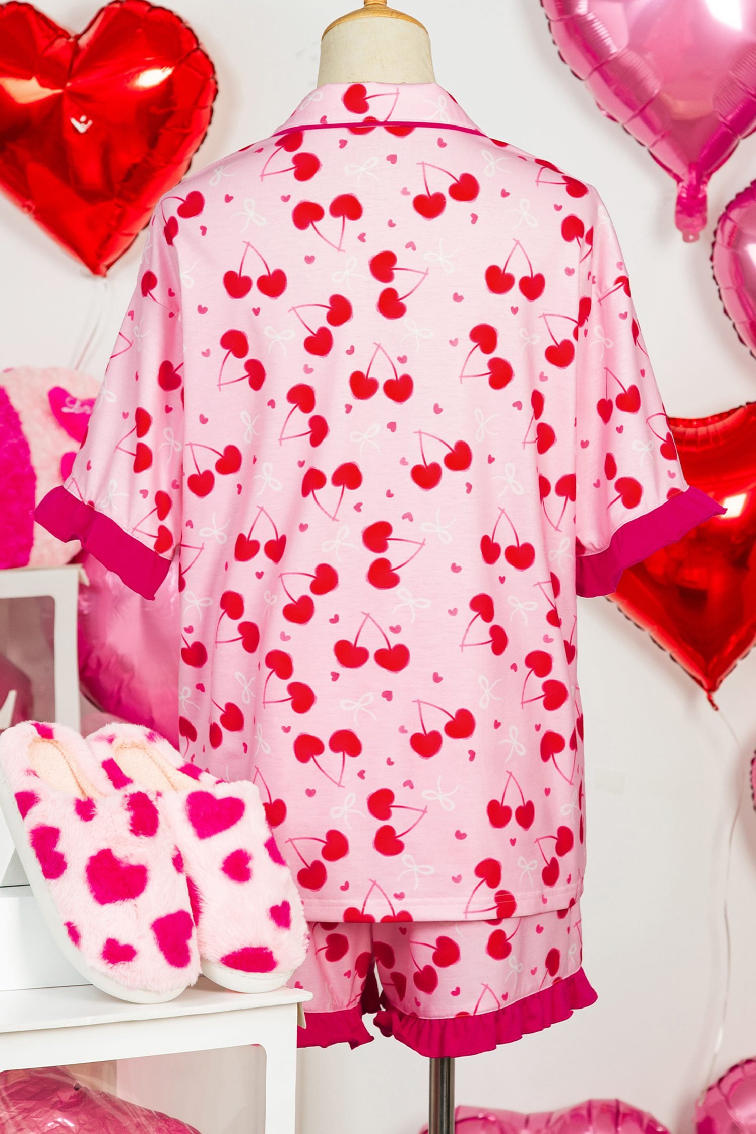 Rose Cherry Bow Mixed Print Scalloped Edge Short Pajama Set