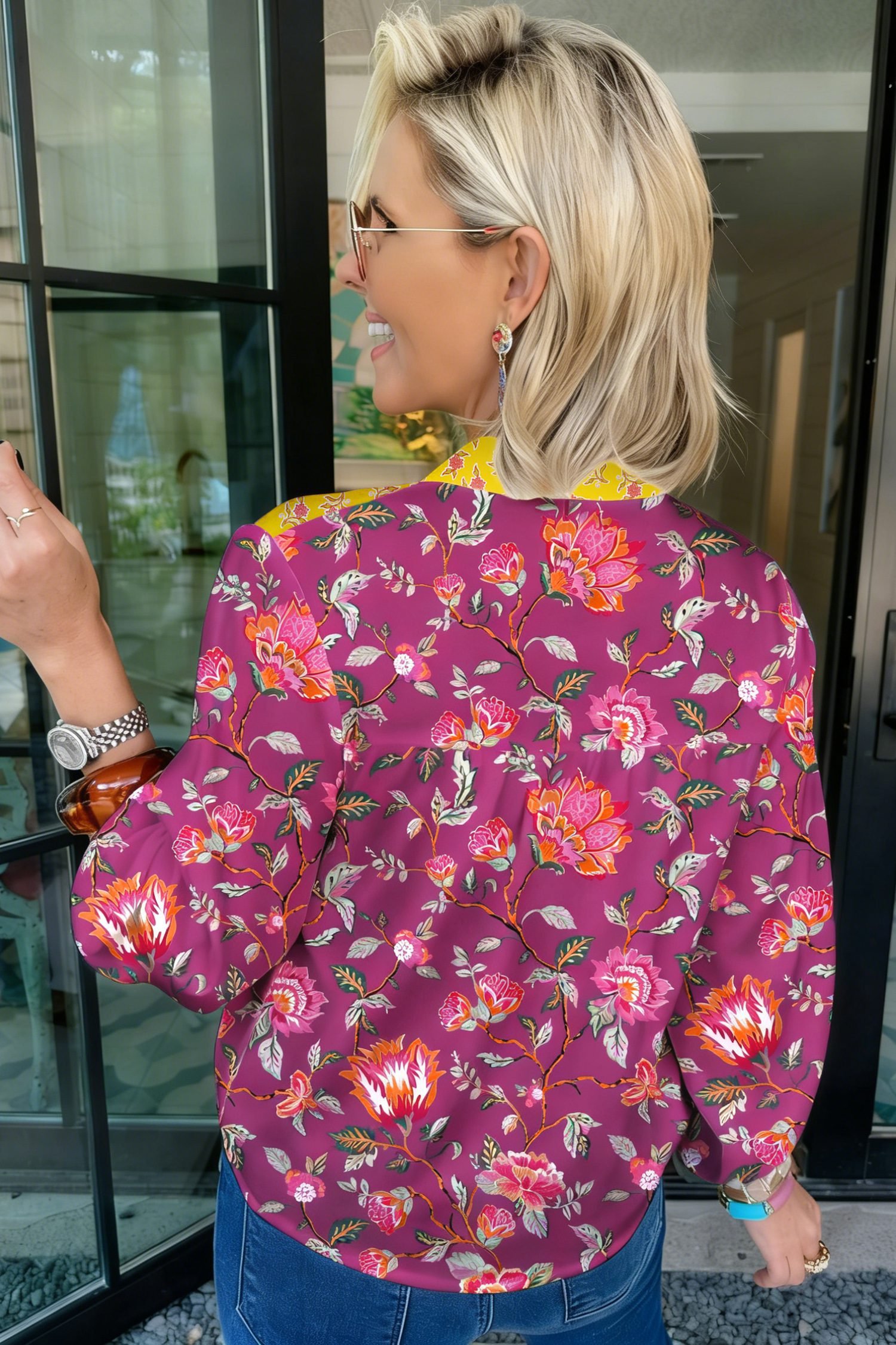 Rose Contrast Placket Split V Neck Floral Blouse