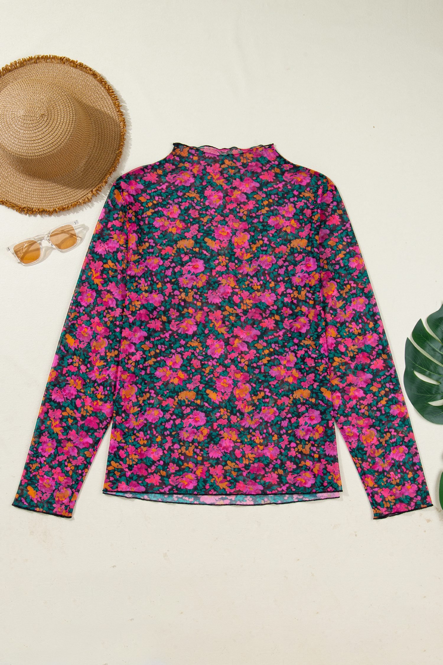 Rose Plus Size Vintage Floral Print Mesh Long Sleeve Top