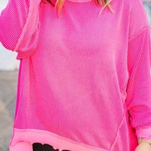 Rose Red Drop Shoulder Uneven Hem Plus Size Twisted Rib Top
