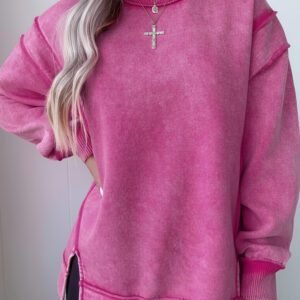 Rose Red Mineral Wash Exposed Seam Side Slit Sweatshirt