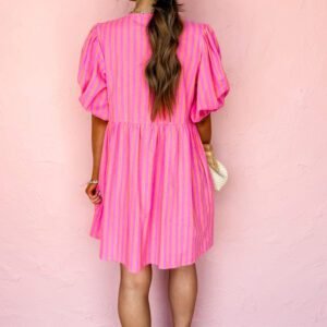 Rose Striped Print Bow Detail Short Puff Sleeve Mini Dress