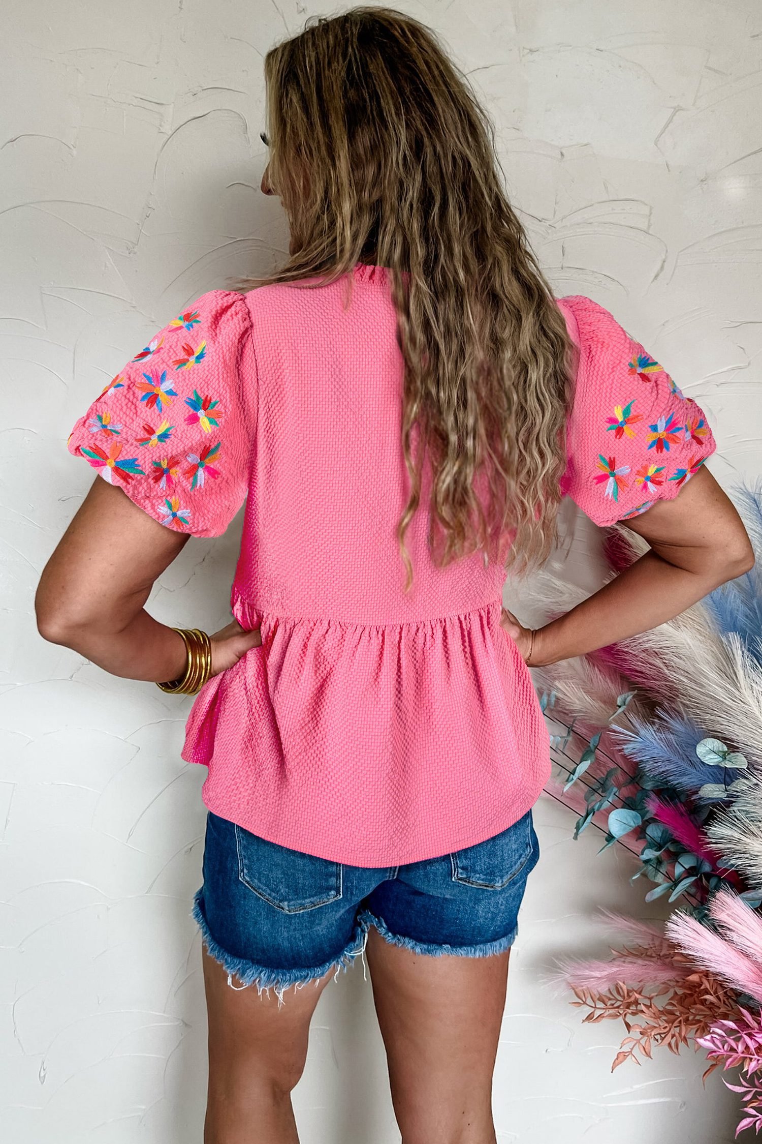 Sachet Pink Frilled V Neck Flower Embroidered Puff Sleeve Textured Blouse