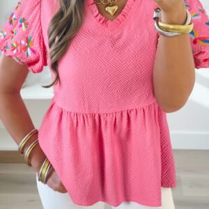 Sachet Pink Frilled V Neck Flower Embroidered Puff Sleeve Textured Blouse