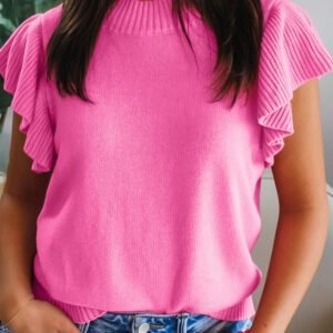 Sachet Pink Solid Color Ribbed Trim Round Neck Ruffle Short Sleeve Sweater