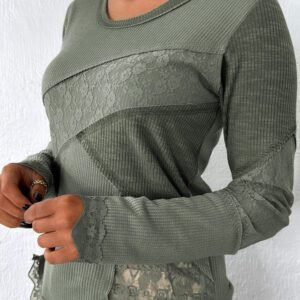 Sage Green Solid Color Waffle Ribbed Lace Patchwork Long Sleeve Top