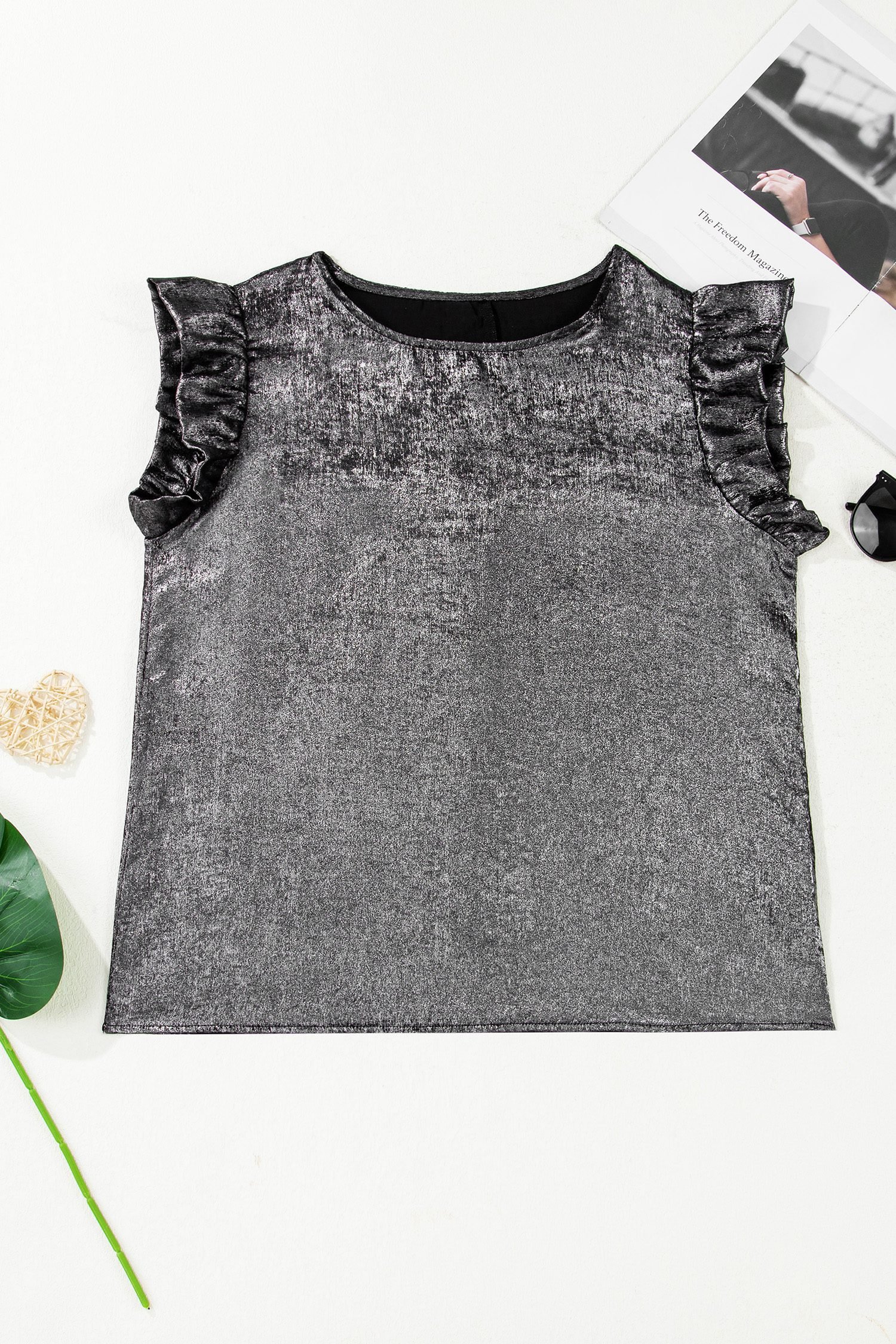 Silvery Metallic Round Neck Ruffle Trim Sleeveless Top