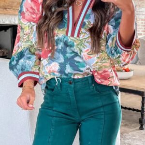 Sky Blue Contrast Trim V Neck Cuffed Bracelet Sleeve Floral Blouse
