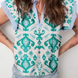 Sky Blue Ethnic Print Striped Trim Flutter Sleeve Top