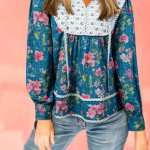 Sky Blue Floral Print Contrast Yoke Patchwork Striped Trim Long Puff Sleeve Blouse