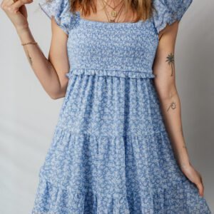 Sky Blue Floral Print Square Neck Flutter Sleeve Smocked Tiered Mini Dress