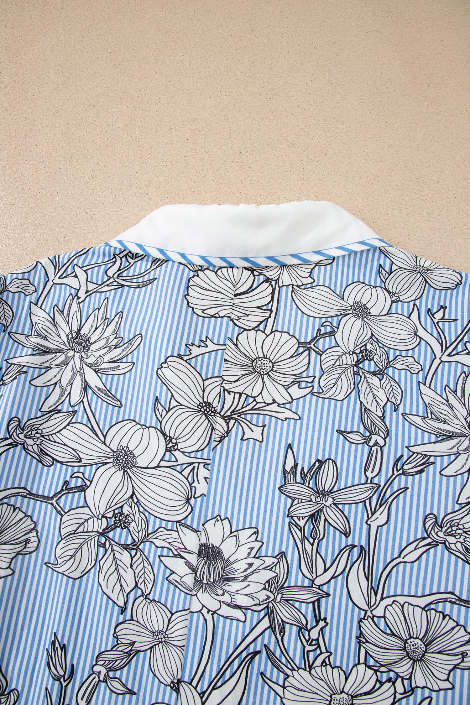Sky Blue Floral Striped Printed Polo Collar Short Sleeve Blouse