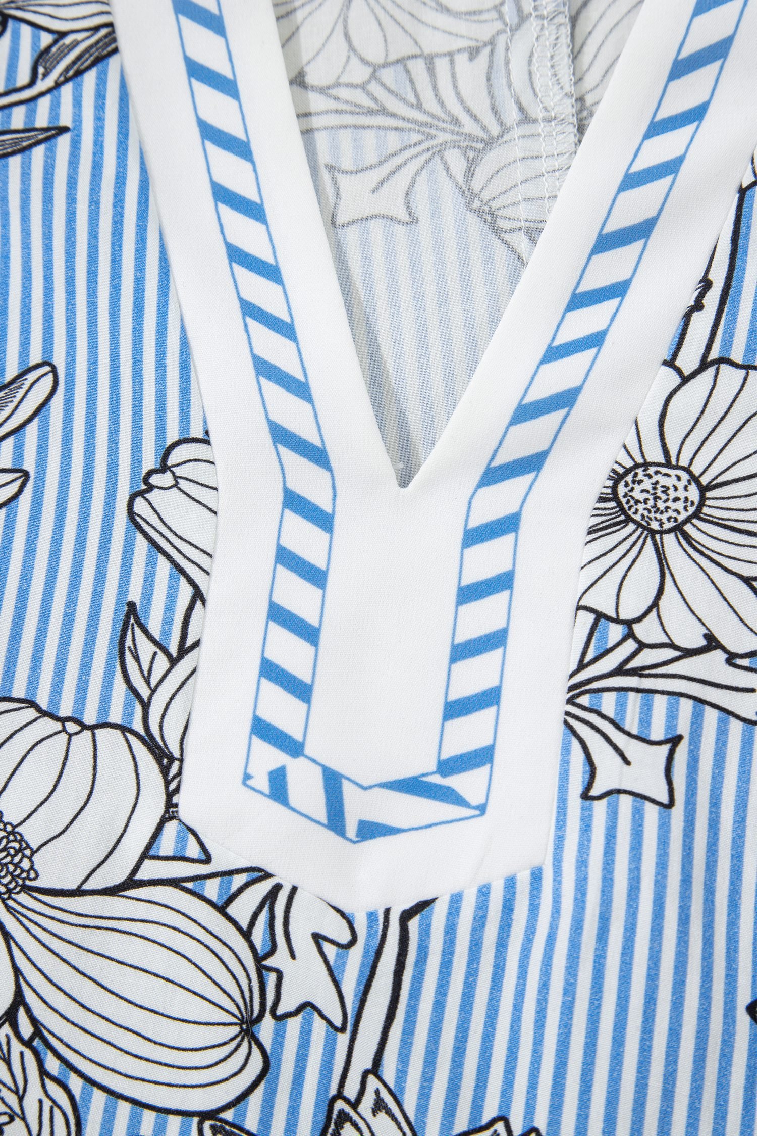 Sky Blue Floral Striped Printed Polo Collar Short Sleeve Blouse