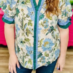 Sky Blue Plus Size Frilled V Neck Short Sleeve Floral Blouse