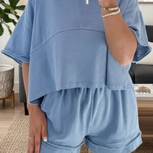 Sky Blue Solid Color Contrast Textured Patchwork Raw Edge 2pcs Short Set