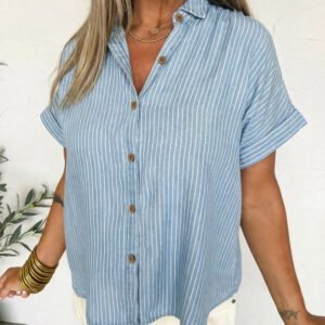 Sky Blue Stripe Cuffed Short Sleeve Button up Loose Shirt