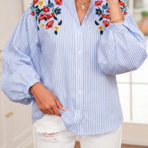 Sky Blue Stripe Floral Embroidered Billowy Sleeve Tunic Baggy Shirt