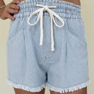 Sky Blue Stripe Raw Edge Drawstring Elastic Waist Casual Denim Shorts