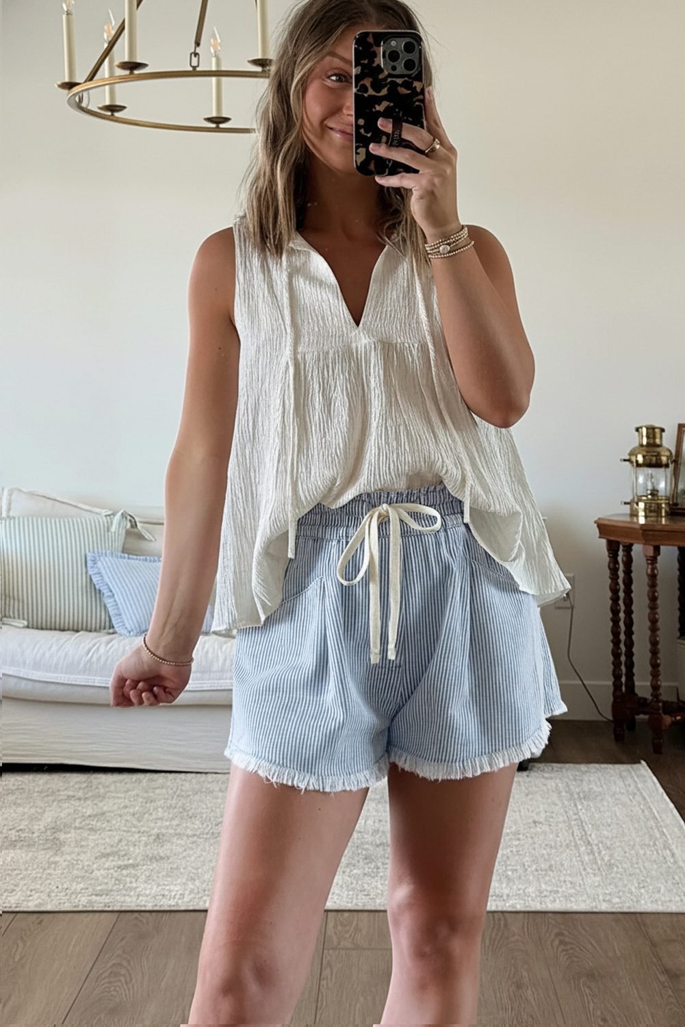 Sky Blue Stripe Raw Edge Drawstring Elastic Waist Casual Denim Shorts