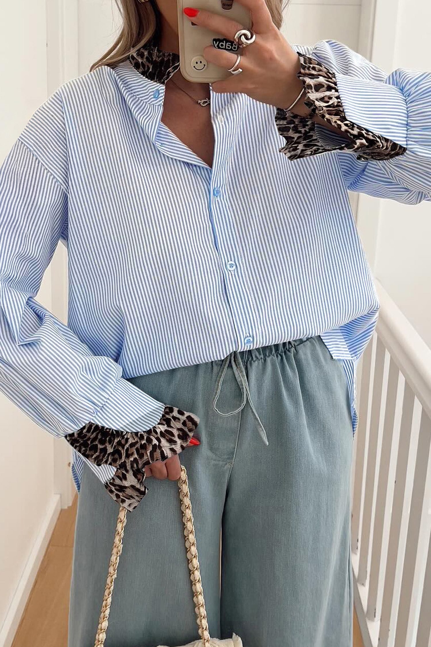 Sky Blue Stripe Ruffled Leopard Patchwork Long Sleeve Button Down Loose Shirt