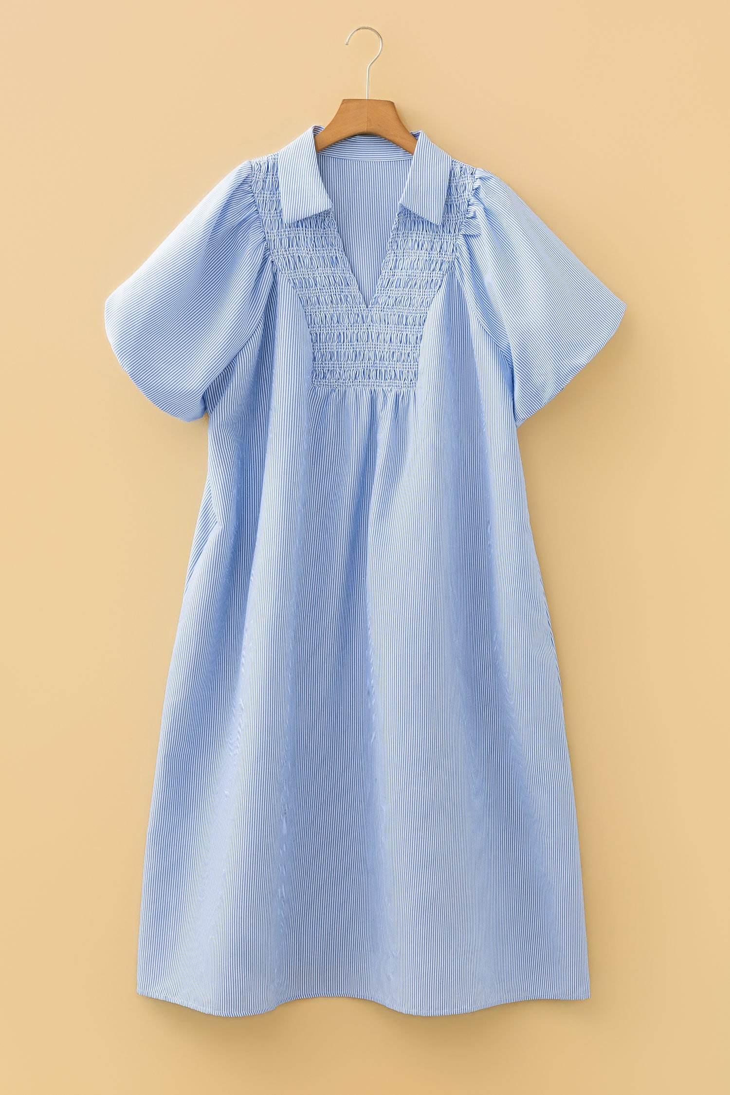 Sky Blue Stripe Shirred Detail Collar V Neck Plus Size Midi Dress