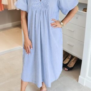 Sky Blue Stripe Shirred Detail Collar V Neck Plus Size Midi Dress