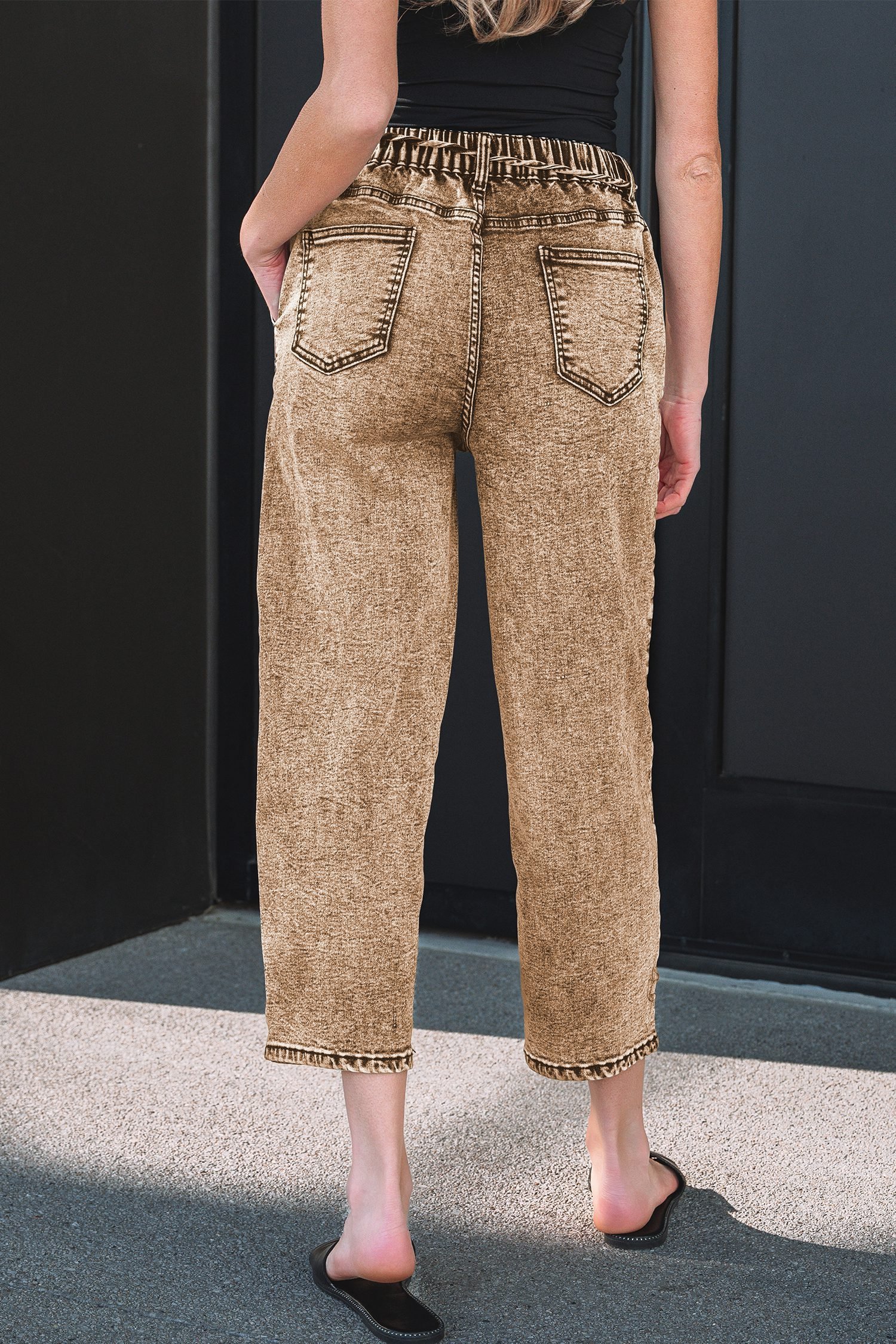 Smoke Gray Acid Wash Barrel Fit Denim Pants with Waist String