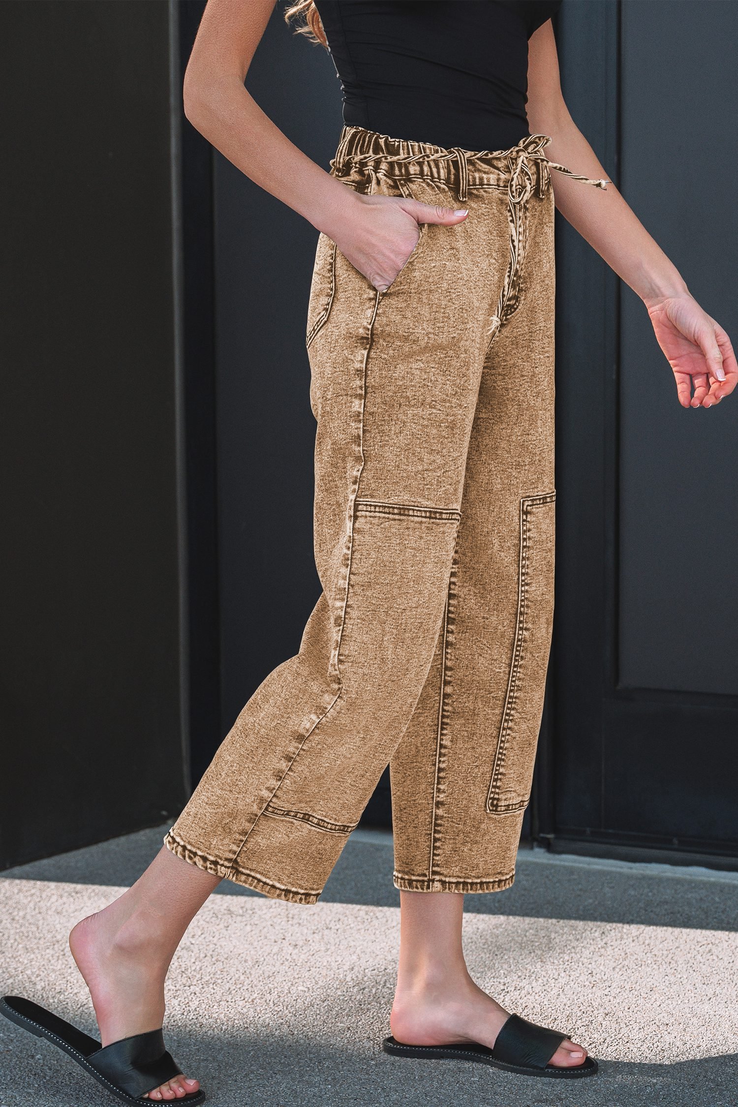 Smoke Gray Acid Wash Barrel Fit Denim Pants with Waist String