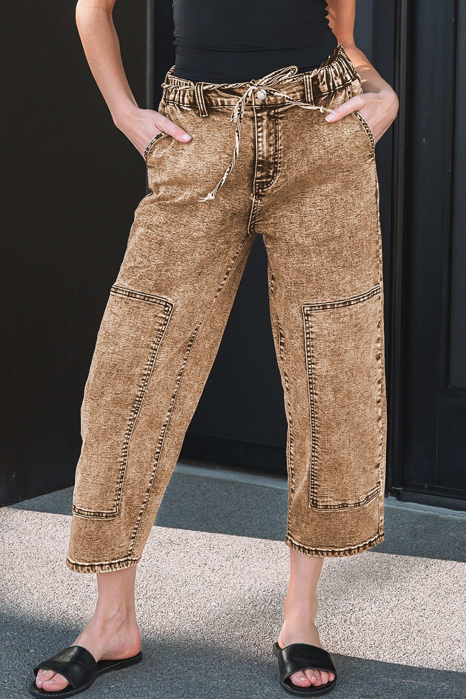 Smoke Gray Acid Wash Barrel Fit Denim Pants with Waist String