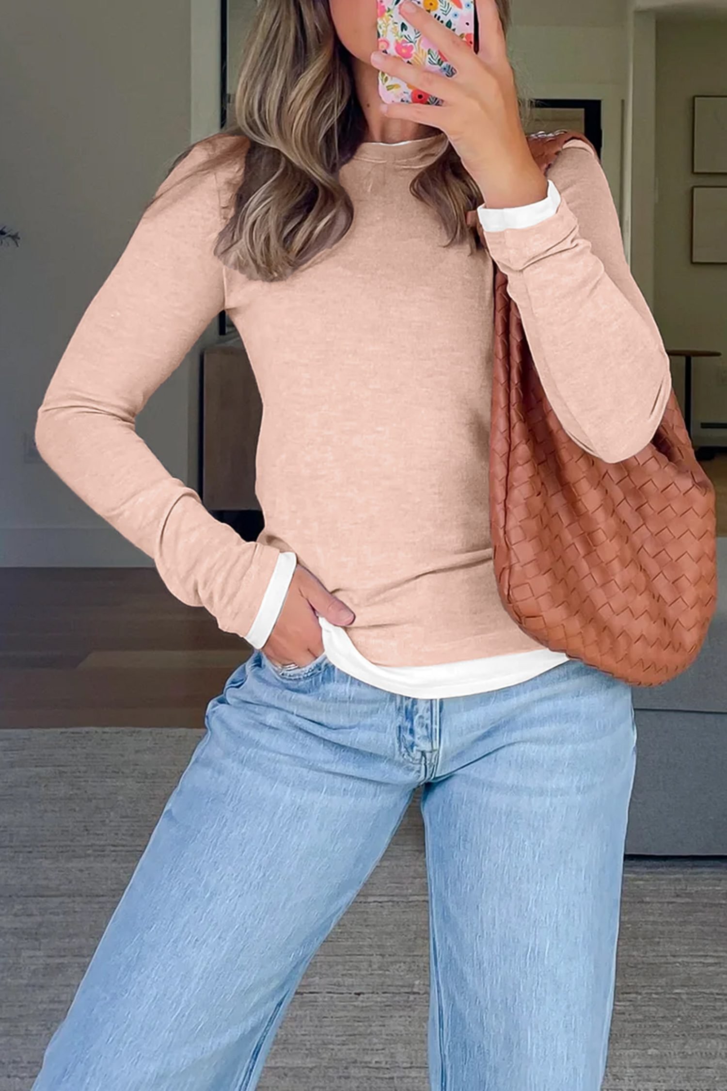 Smoke Gray False Two Piece Color Block Patchwork Long Sleeve Top