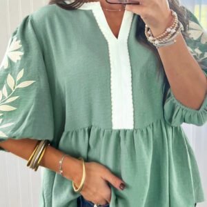 Smoke Green Color Block Patchwork V Neck Embroidered Puff Sleeve Babydoll Blouse