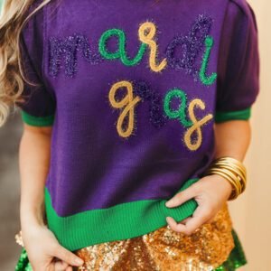 Tillandsia Purple Mardi Gras Tinsel Graphic Short Sleeve Sweater