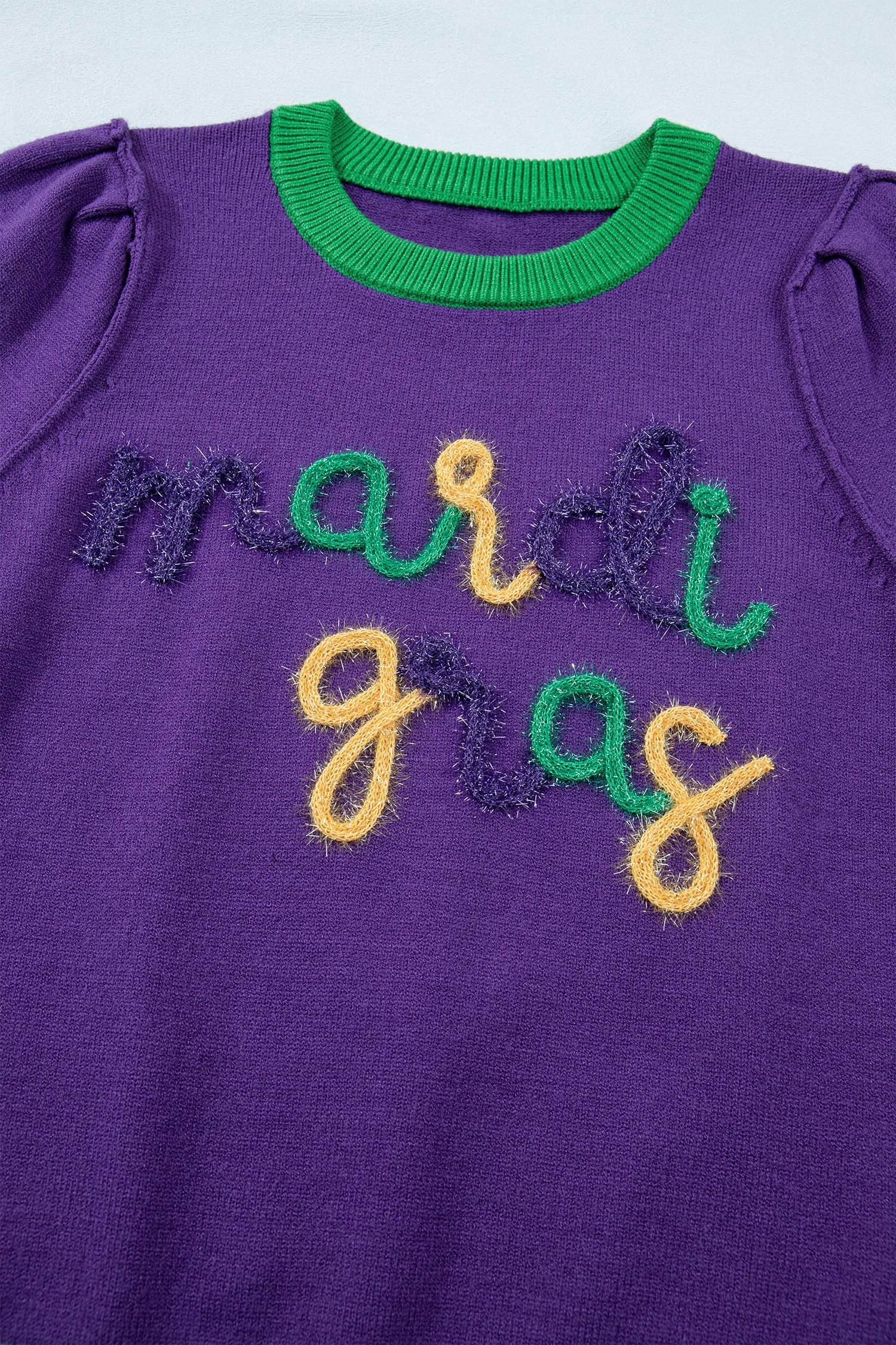 Tillandsia Purple Mardi Gras Tinsel Graphic Short Sleeve Sweater