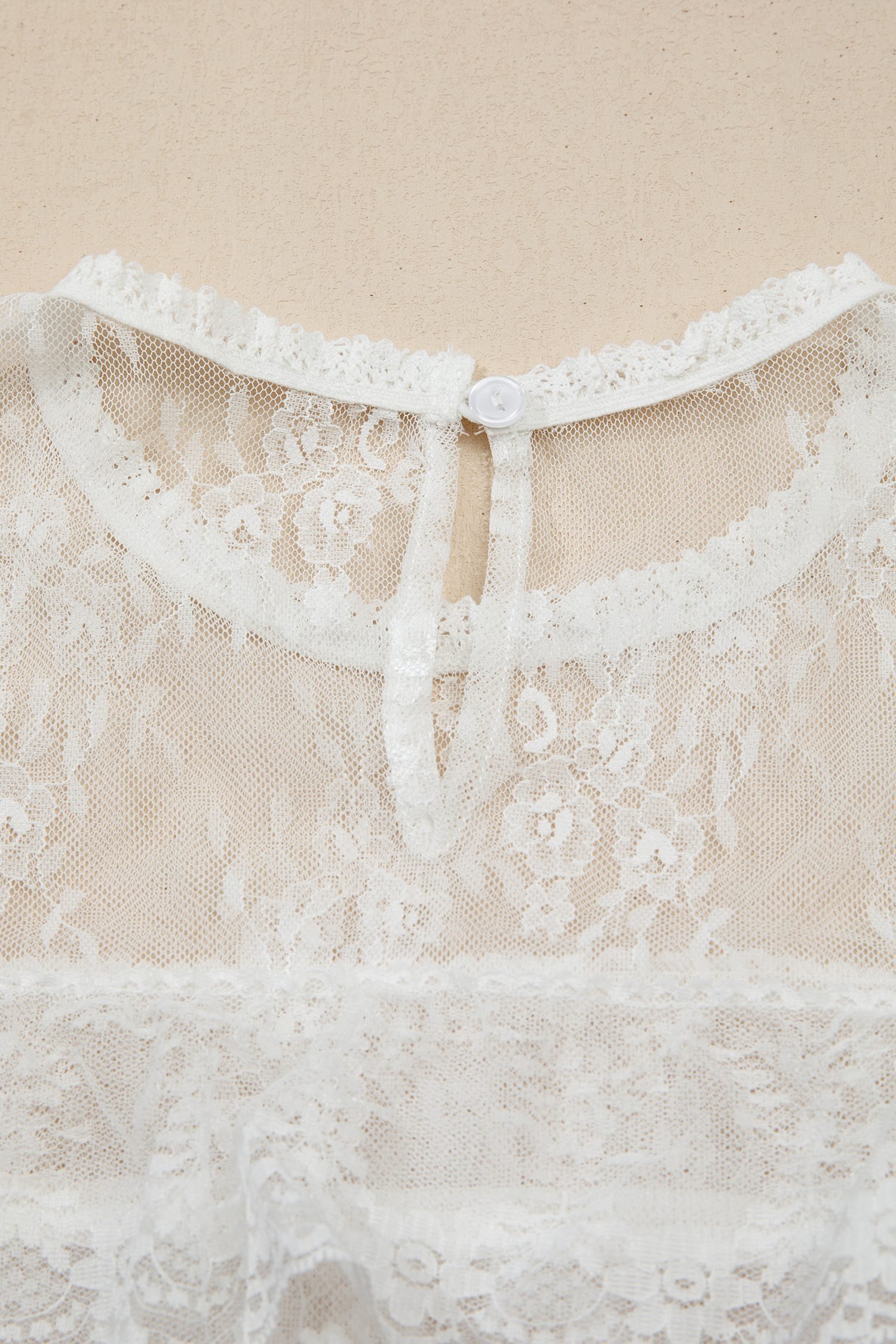 White 2pcs Sheer Floral Lace Ruffle Tiered Patchwork Blouse