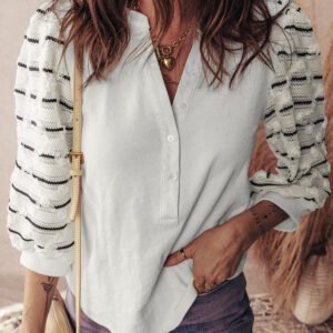 White Button Placket 3/4 Striped Sleeve Patchwork Rib Knit Top