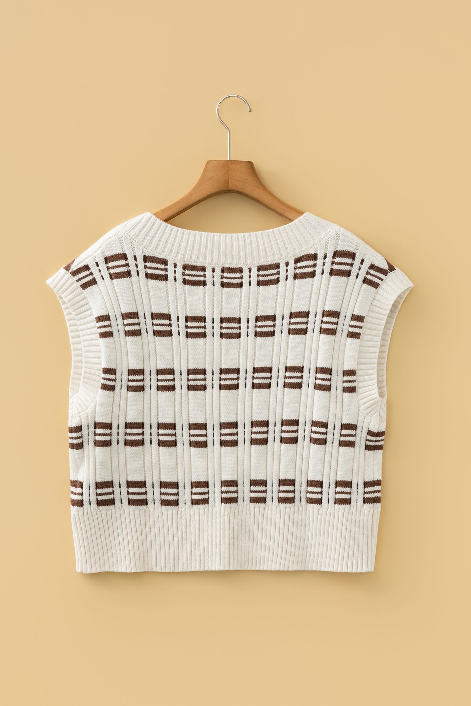 White Contrast Geometric Textured Knit V Neck Cropped Sweater Vest