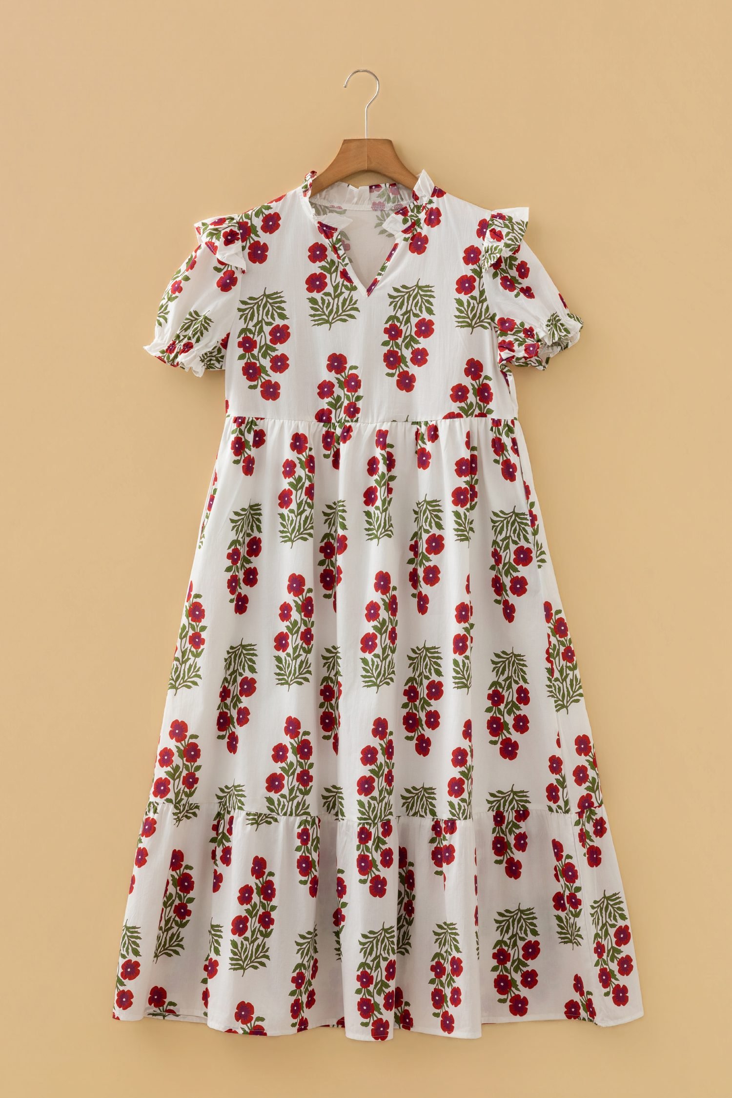 White Floral Print V Neck 3/4 Sleeve Loose Mini Dress